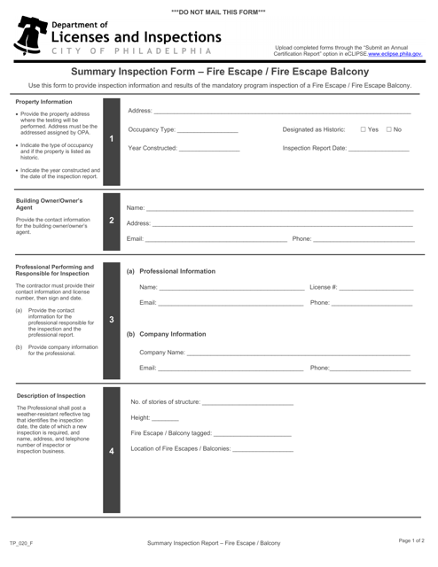 Form TP_020_F Summary Inspection Form - Fire Escape/Fire Escape Balcony - City of Philadelphia, Pennsylvania