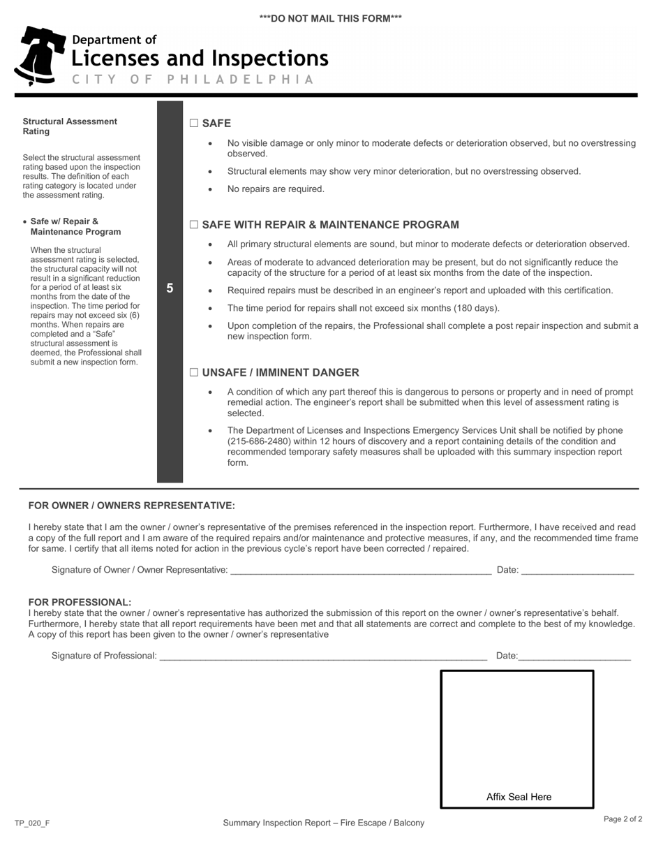 Form TP_020_F Summary Inspection Form - Fire Escape / Fire Escape Balcony - City of Philadelphia, Pennsylvania, Page 2