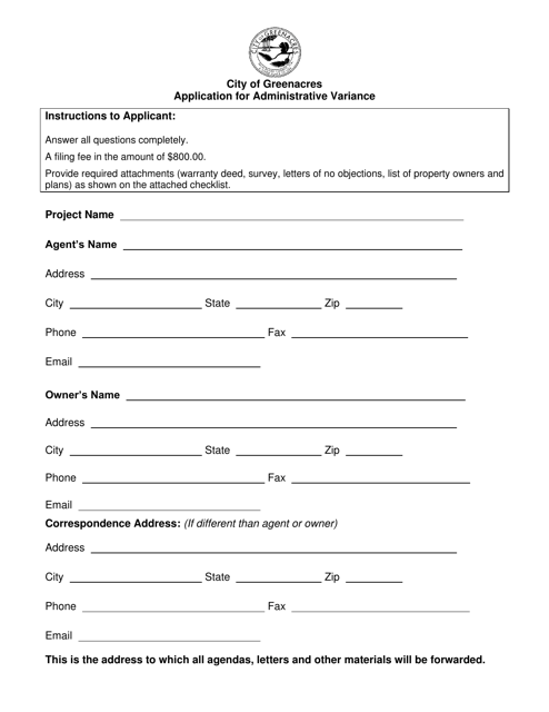 Application for Administrative Variance - City of Greenacres, Florida Download Pdf