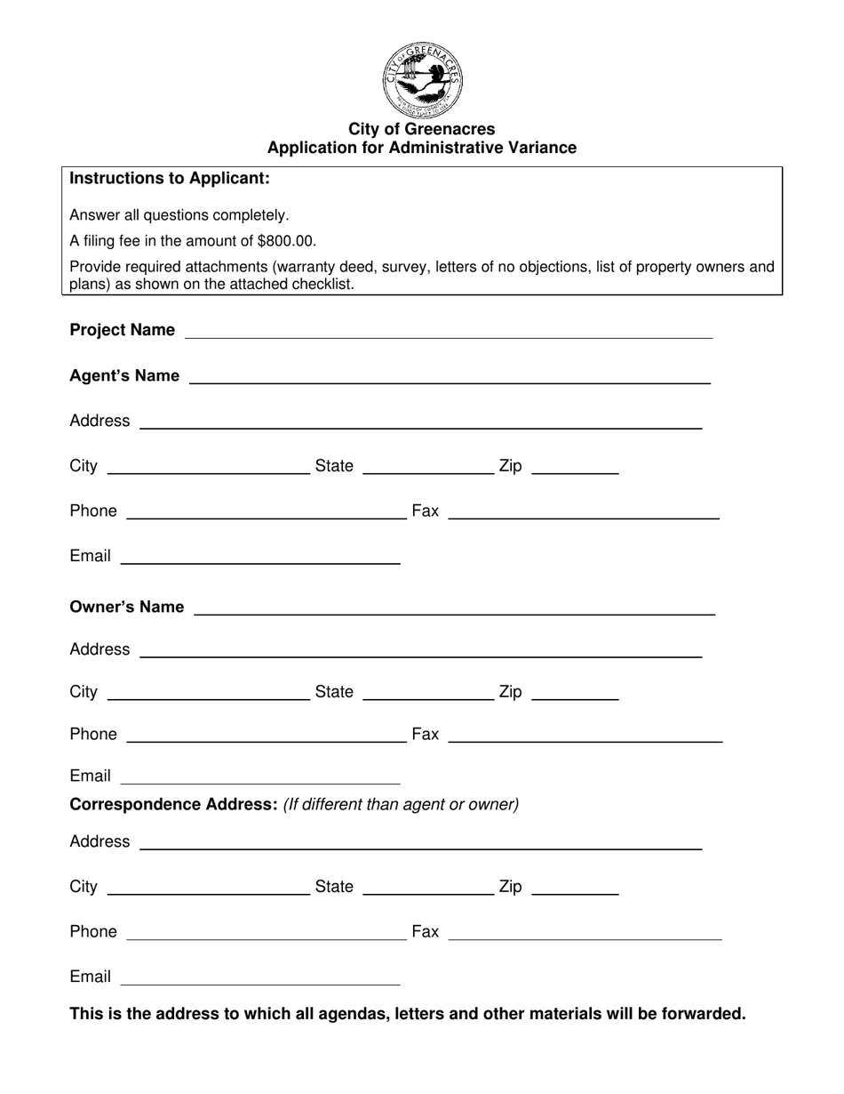 Application for Administrative Variance - City of Greenacres, Florida, Page 1