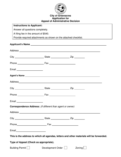 Application for Appeal of Administrative Decision - City of Greenacres, Florida Download Pdf