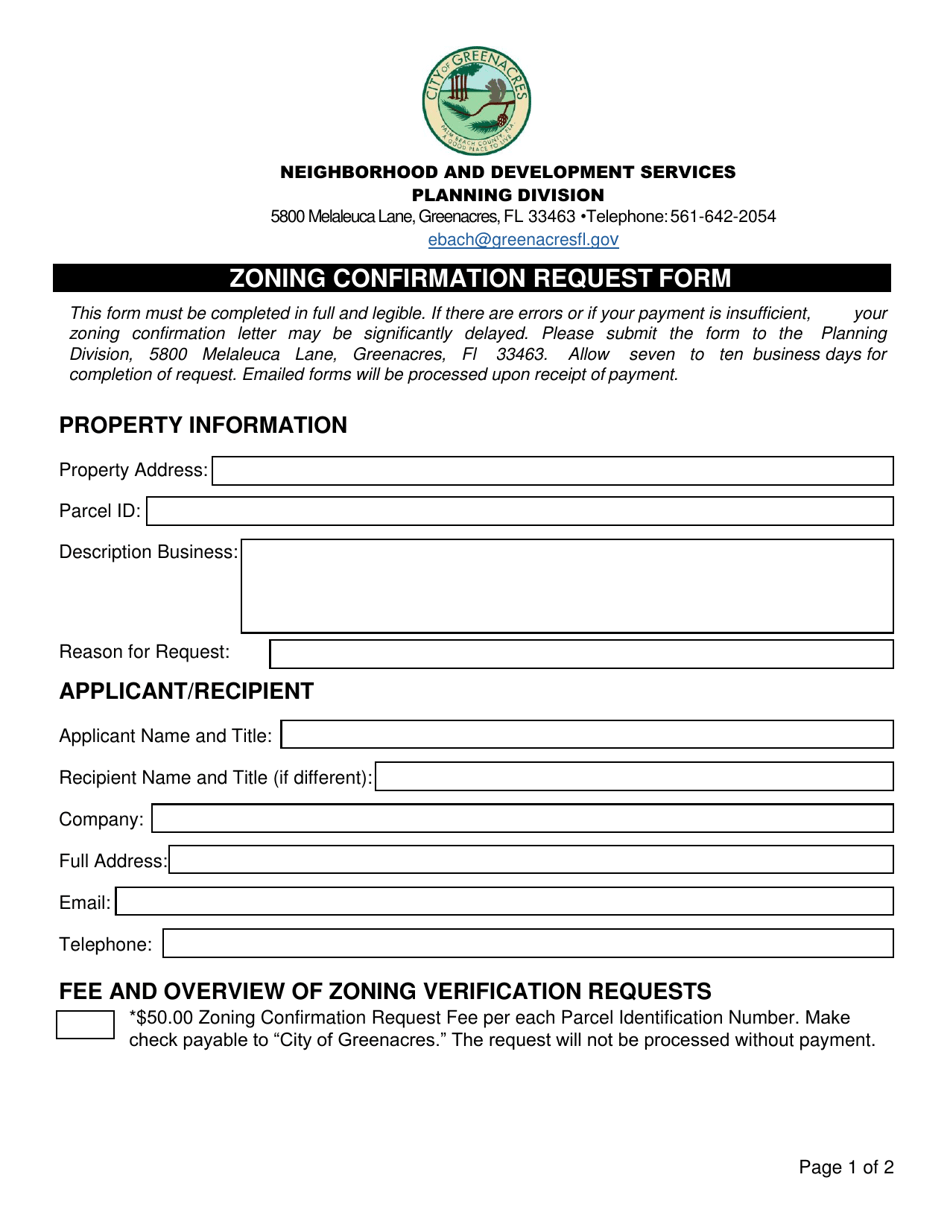 Zoning Confirmation Request Form - City of Greenacres, Florida, Page 1