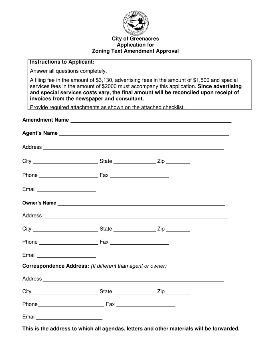 Application for Zoning Text Amendment Approval - City of Greenacres, Florida, Page 1