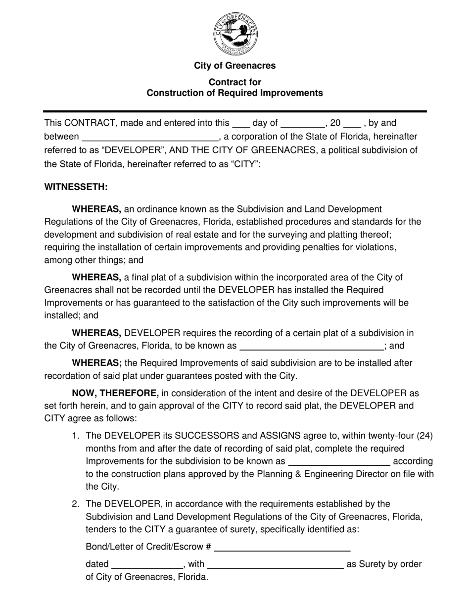 Contract for Construction of Required Improvements - City of Greenacres, Florida, Page 1