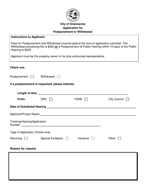 Application for Postponement or Withdrawal - City of Greenacres, Florida Download Pdf