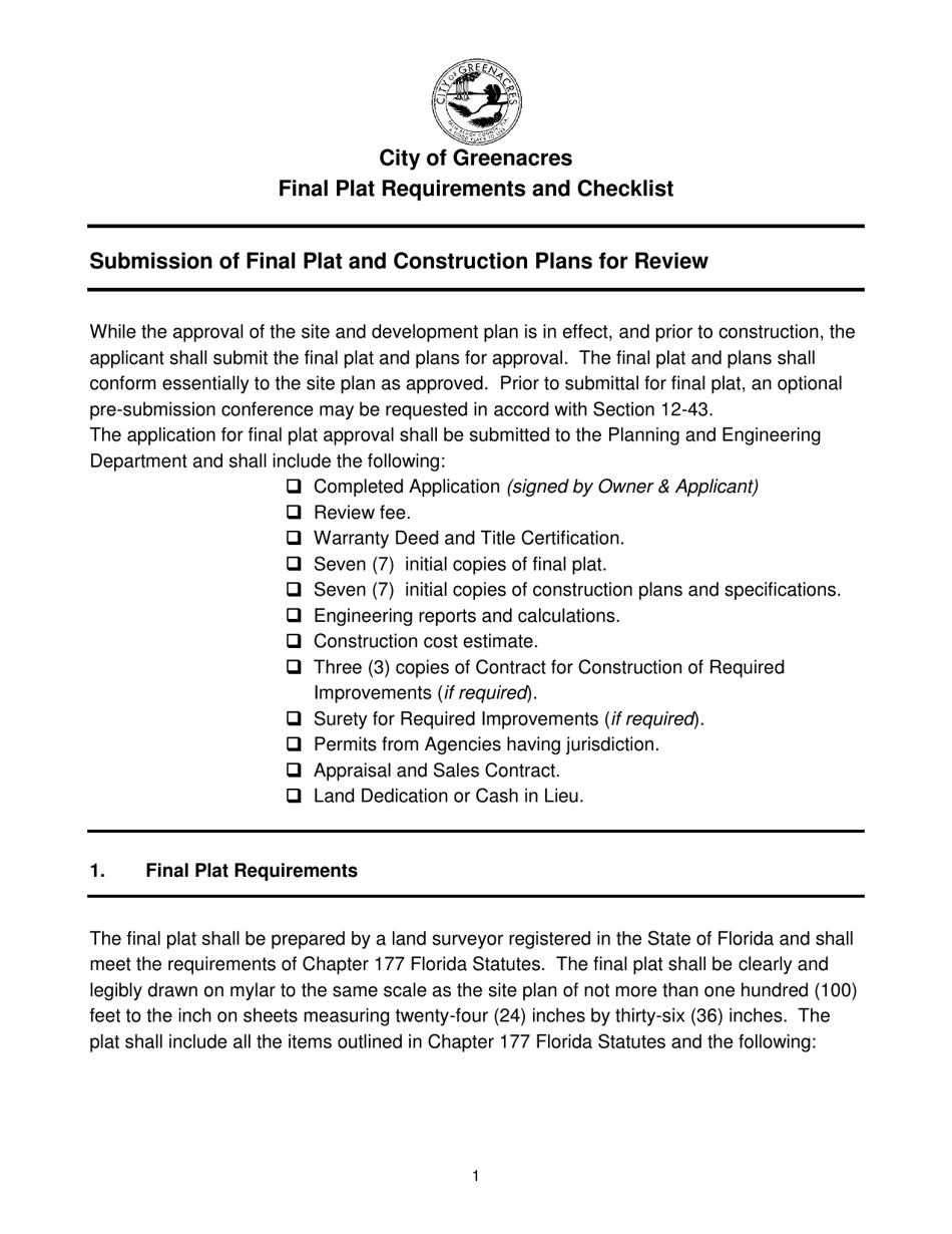 Final Plat Requirements and Checklist - City of Greenacres, Florida, Page 1
