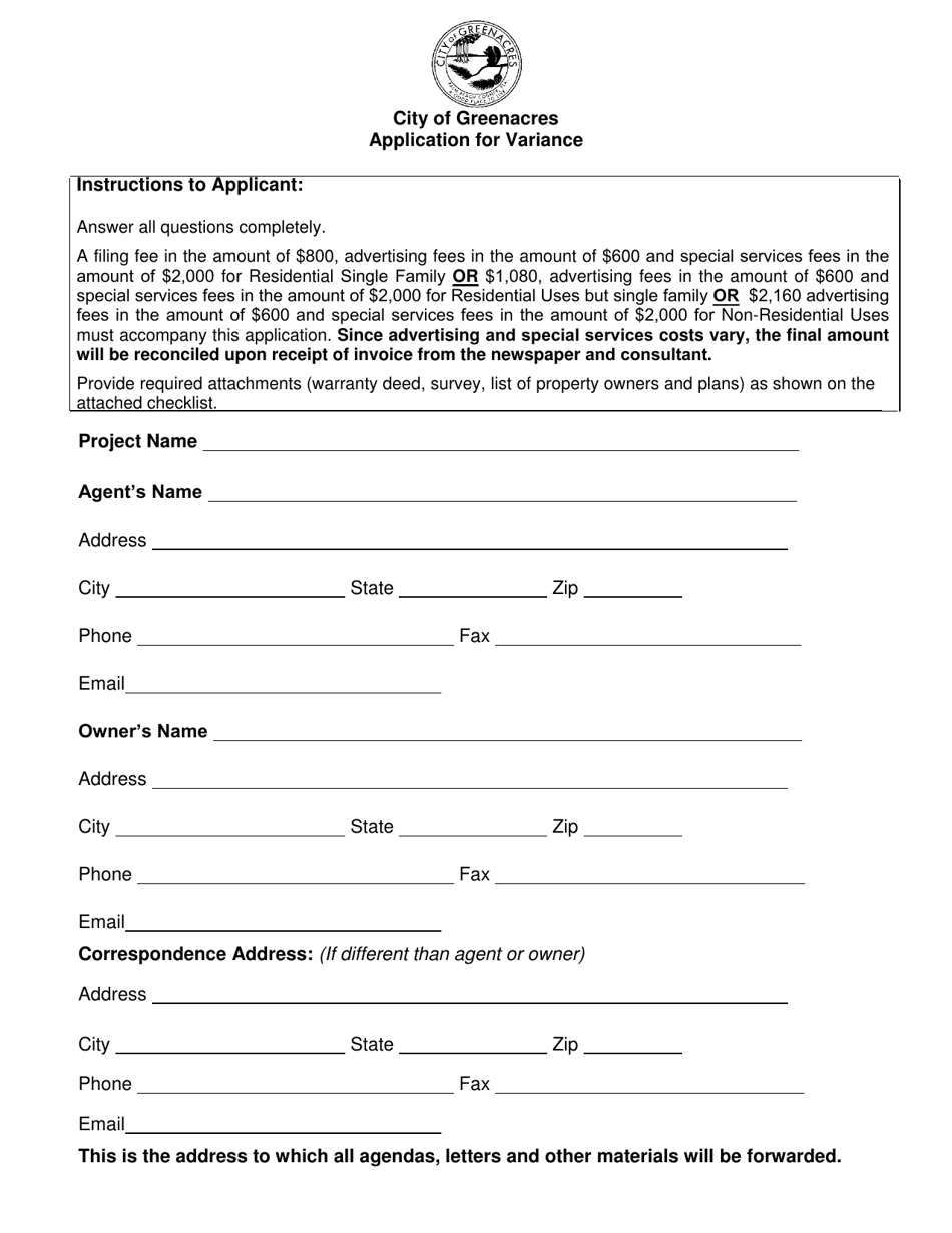 City of Greenacres, Florida Application for Variance Fill Out, Sign