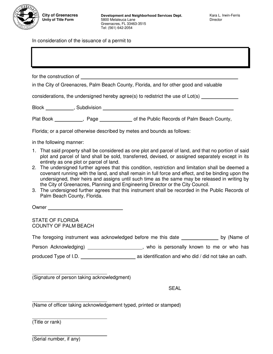 Unity of Title Form - City of Greenacres, Florida, Page 1