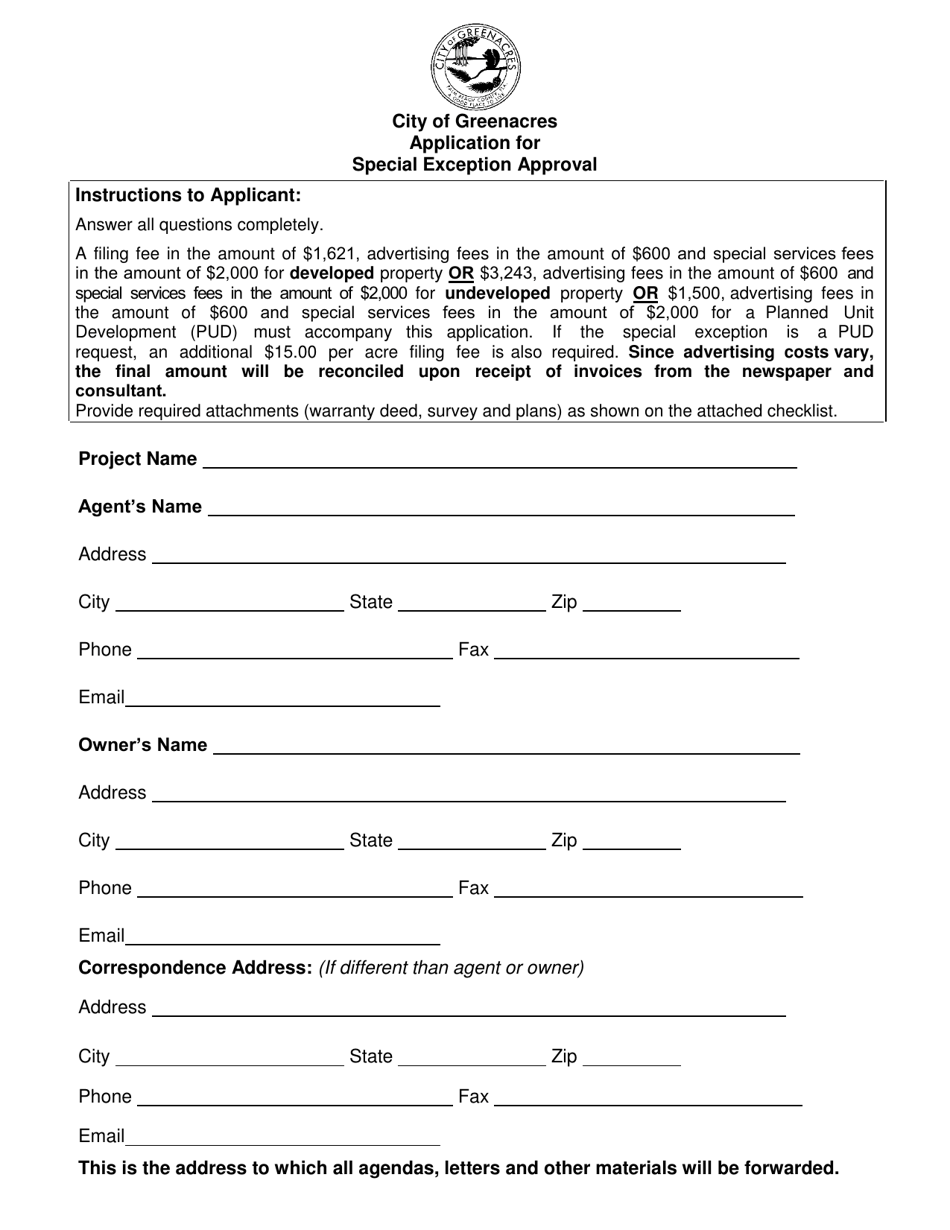 Application for Special Exception Approval - City of Greenacres, Florida, Page 1