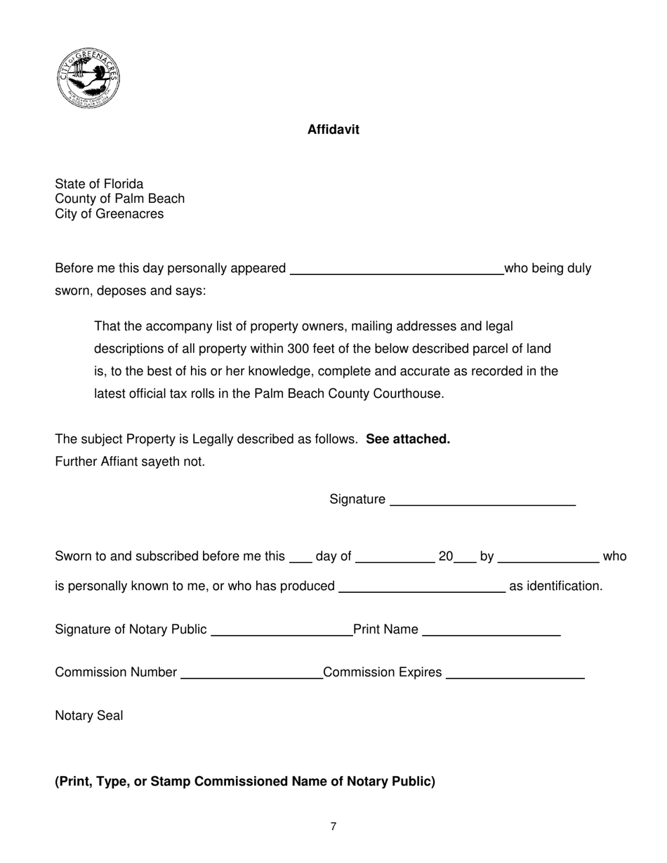 City of Greenacres, Florida Application for Special Exception Approval