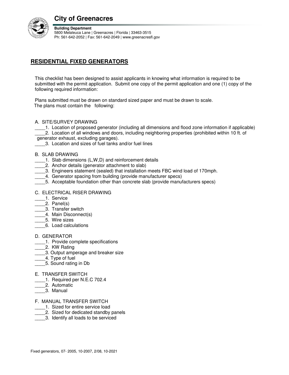 Residential Fixed Generators Checklist - City of Greenacres, Florida, Page 1