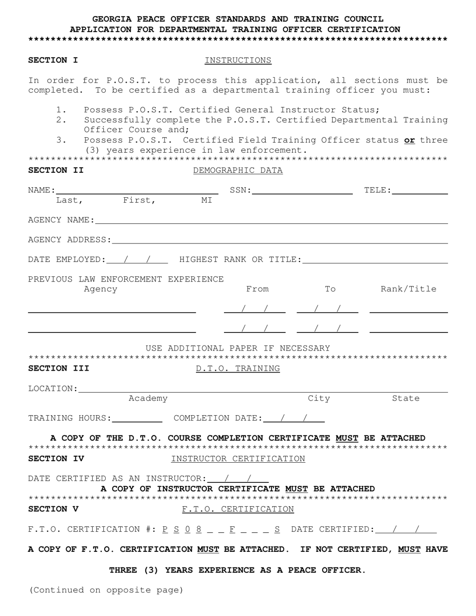 Form T-20 Application for Departmental Training Officer Certification - Georgia (United States), Page 1