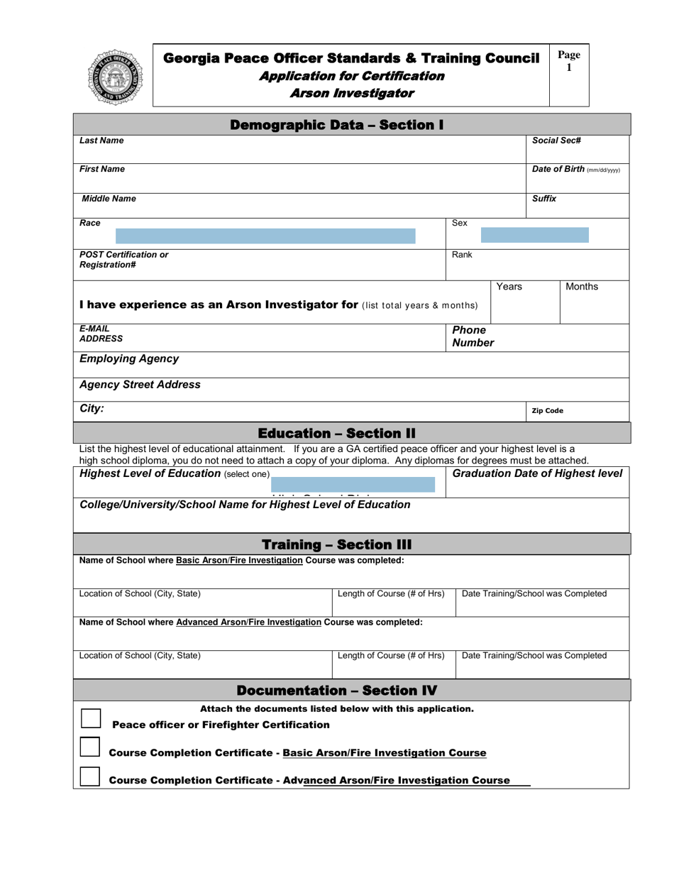 Application for Certification Arson Investigator - Georgia (United States), Page 1