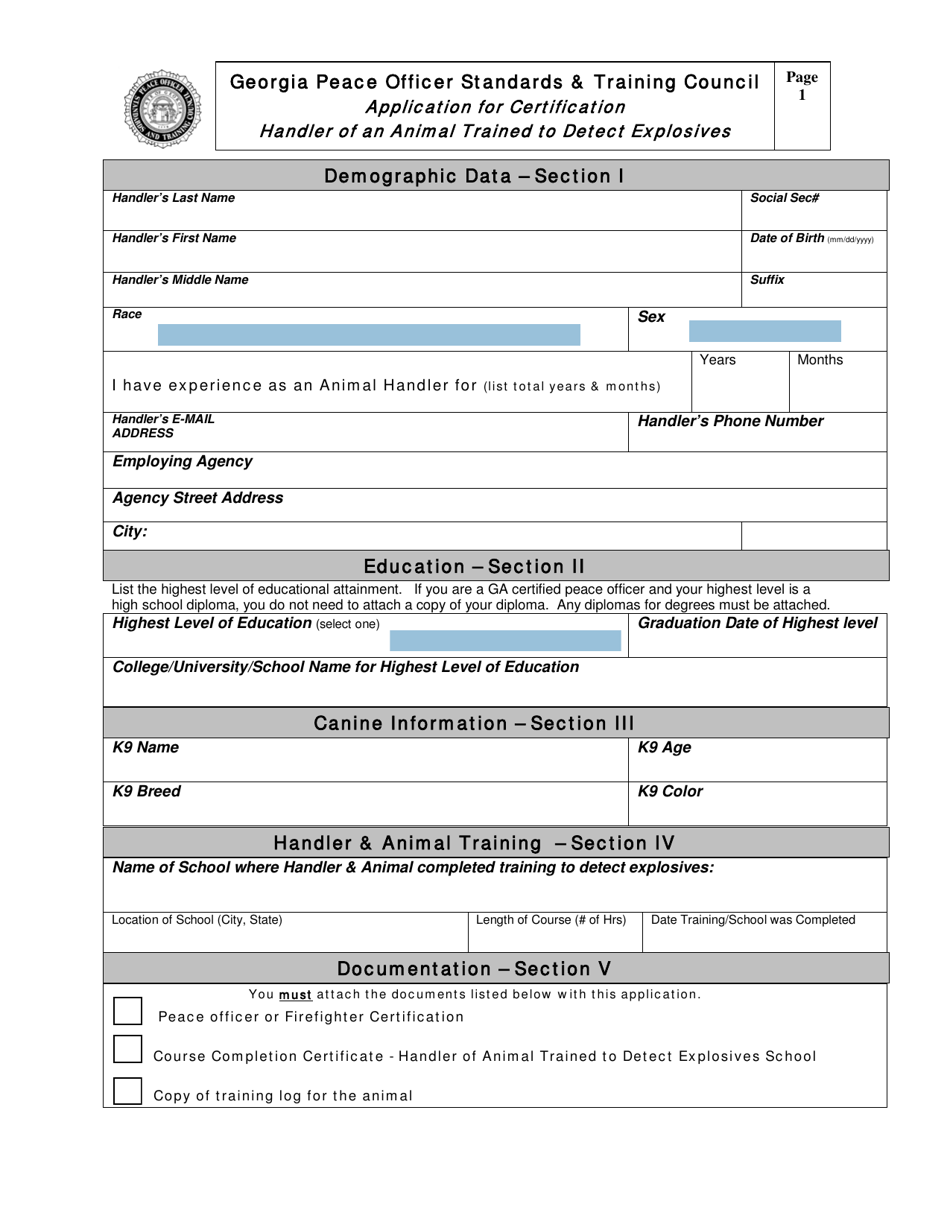Georgia (United States) Application For Certification Handler Of An ...