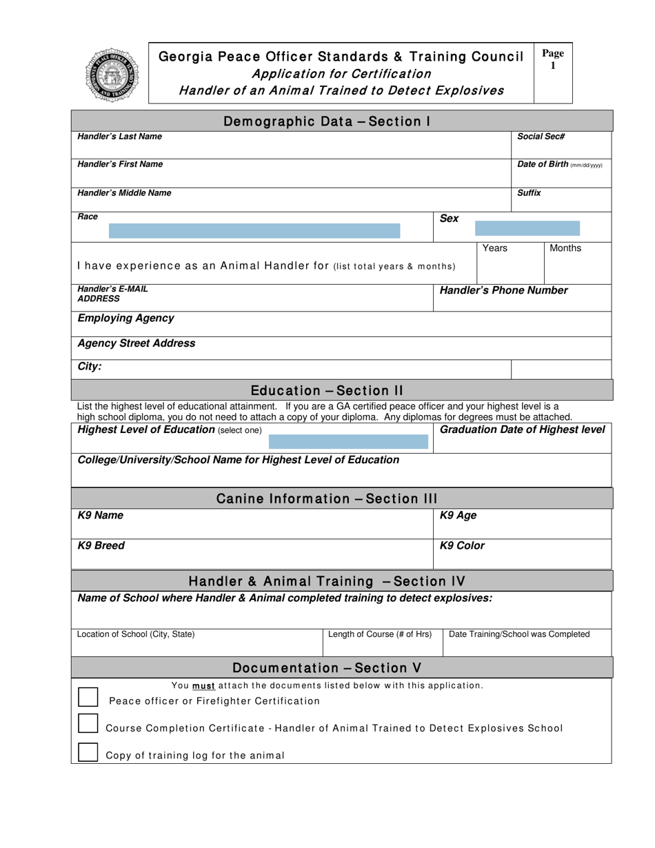 Application for Certification Handler of an Animal Trained to Detect Explosives - Georgia (United States), Page 1
