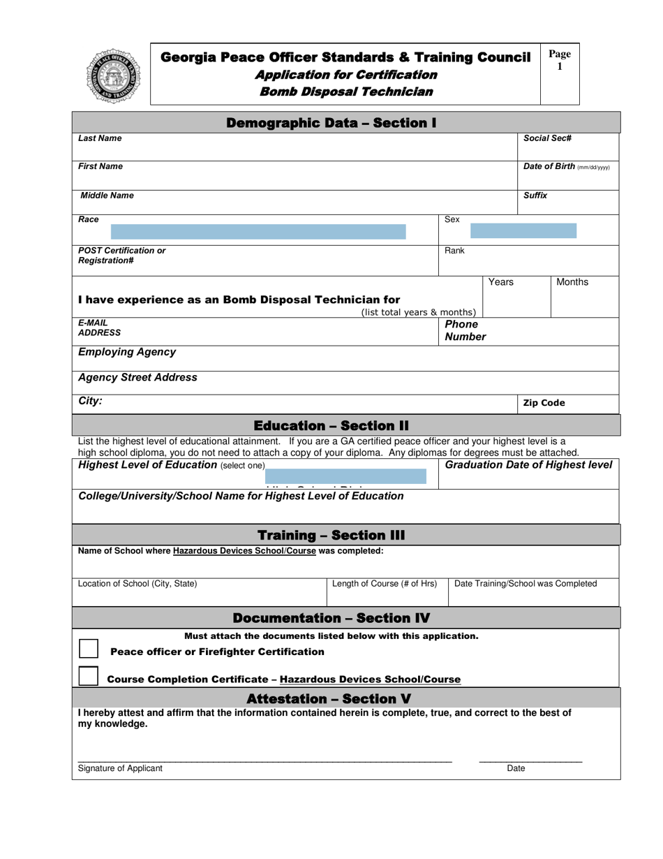 Application for Certification Bomb Disposal Technician - Georgia (United States), Page 1