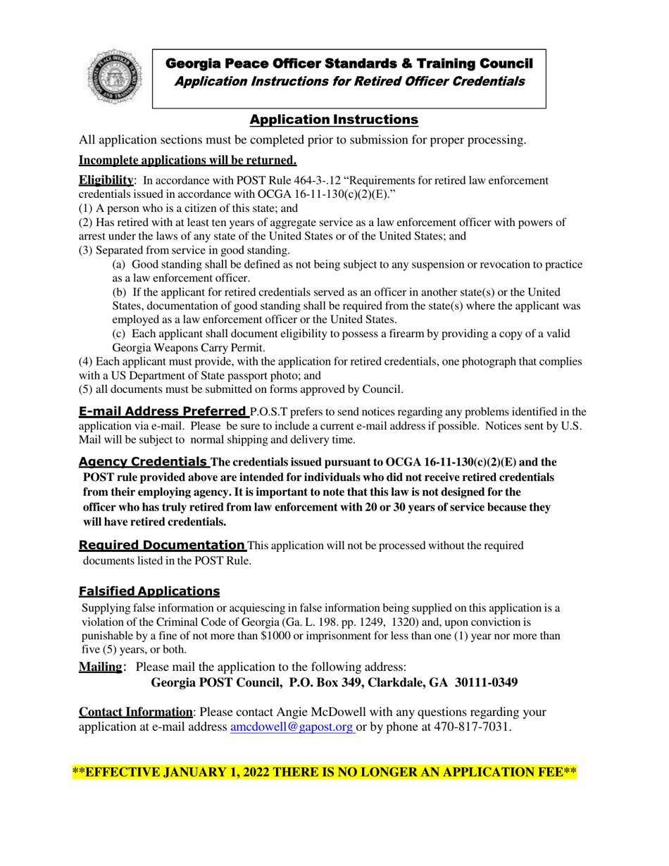 Application for Retired Officer Credentials - Georgia (United States), Page 1