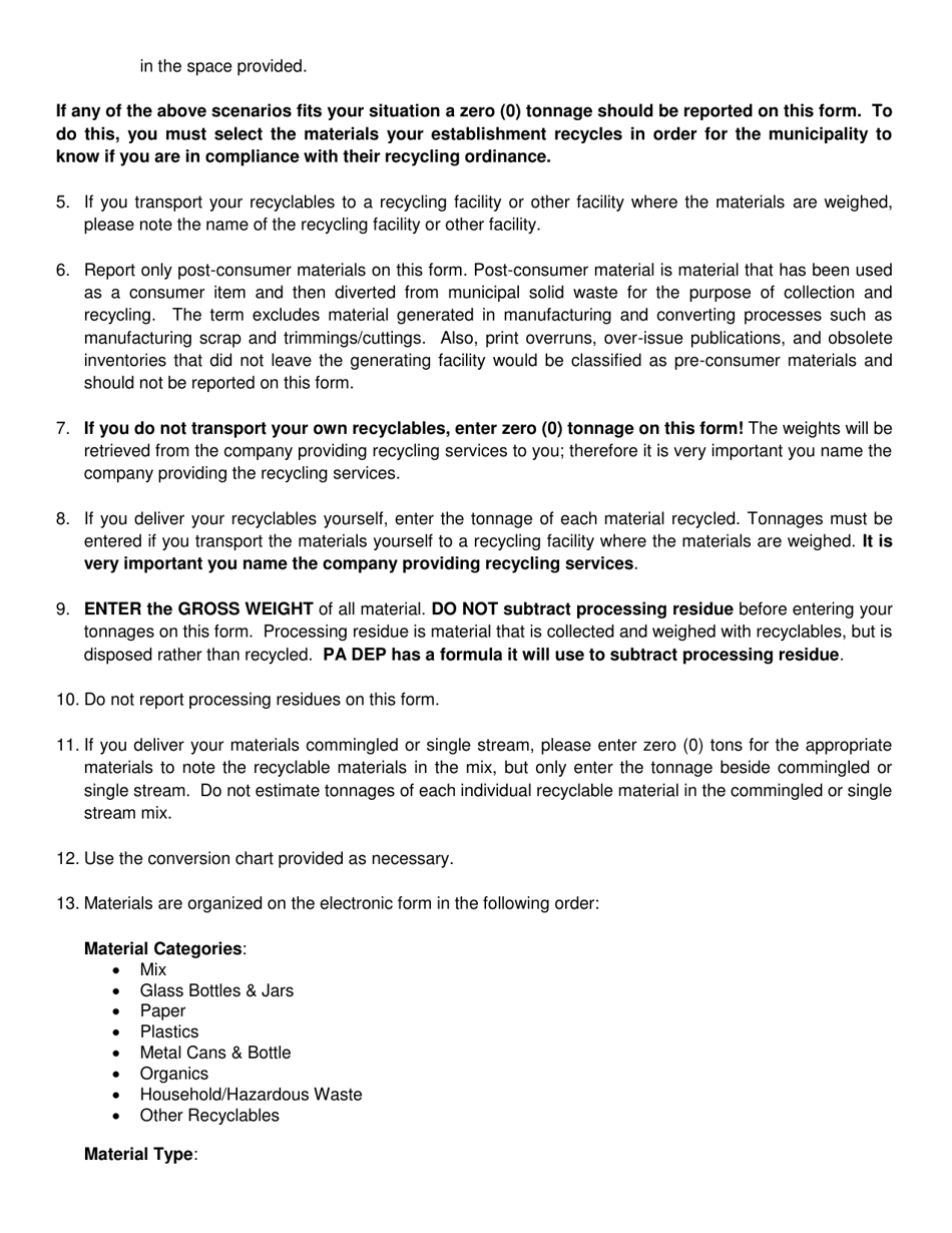 Instructions for Form FM-11 Annual Recycling Report for Commercial, Municipal, Institutional Facilities - City of Philadelphia, Pennsylvania, Page 2