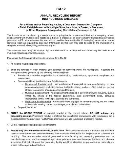 Instructions for Form FM-12 Annual Recycling Report for Waste/Recycling Hauler, Document Destruction Company or Other Company Transporting Recyclables Generated in Pa - City of Philadelphia, Pennsylvania