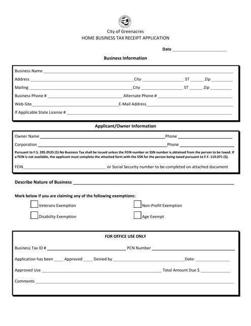 Home Business Tax Receipt Application - City of Greenacres, Florida Download Pdf