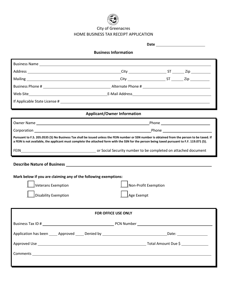 Home Business Tax Receipt Application - City of Greenacres, Florida, Page 1