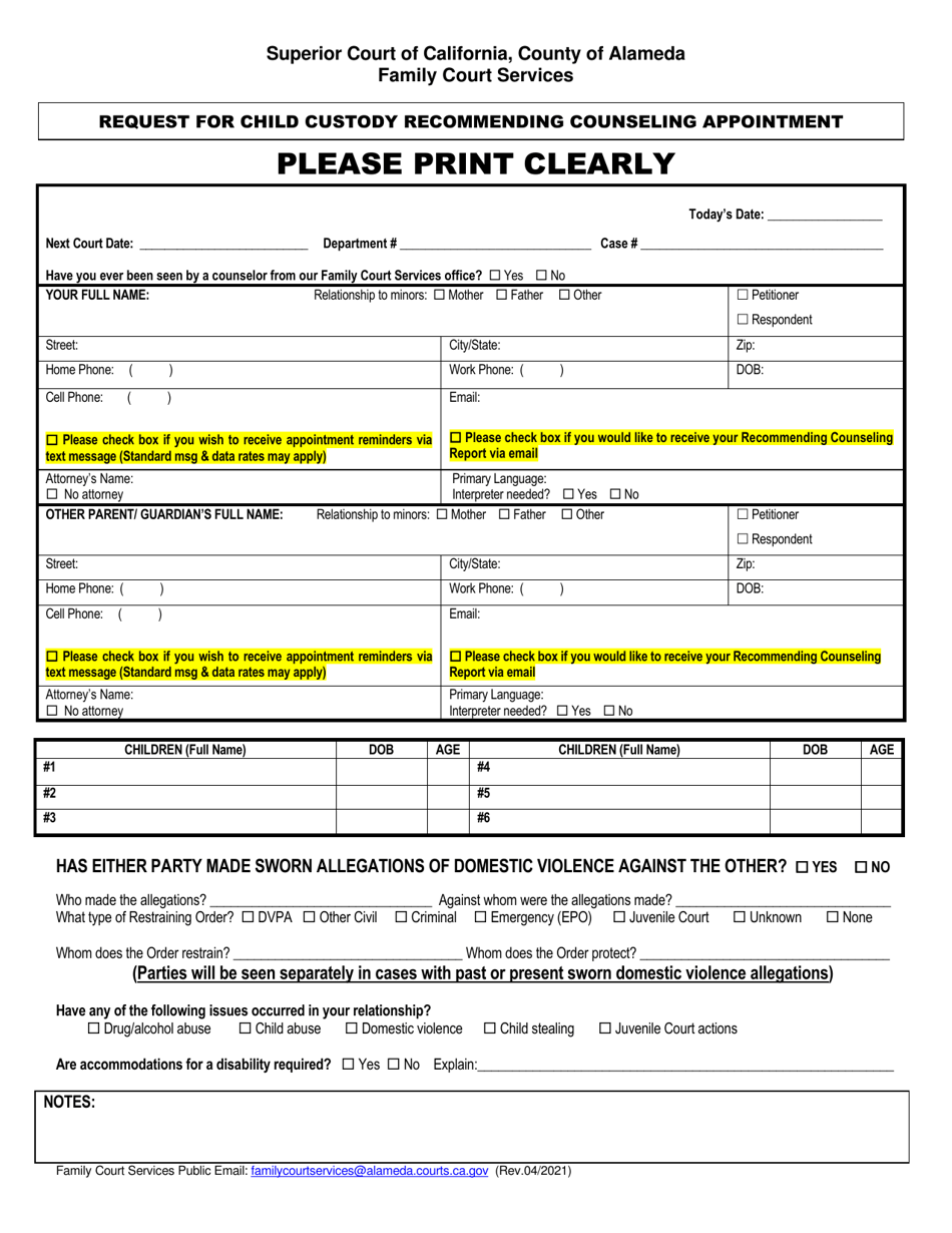 Request for Child Custody Recommending Counseling Appointment - County of Alameda, California, Page 1