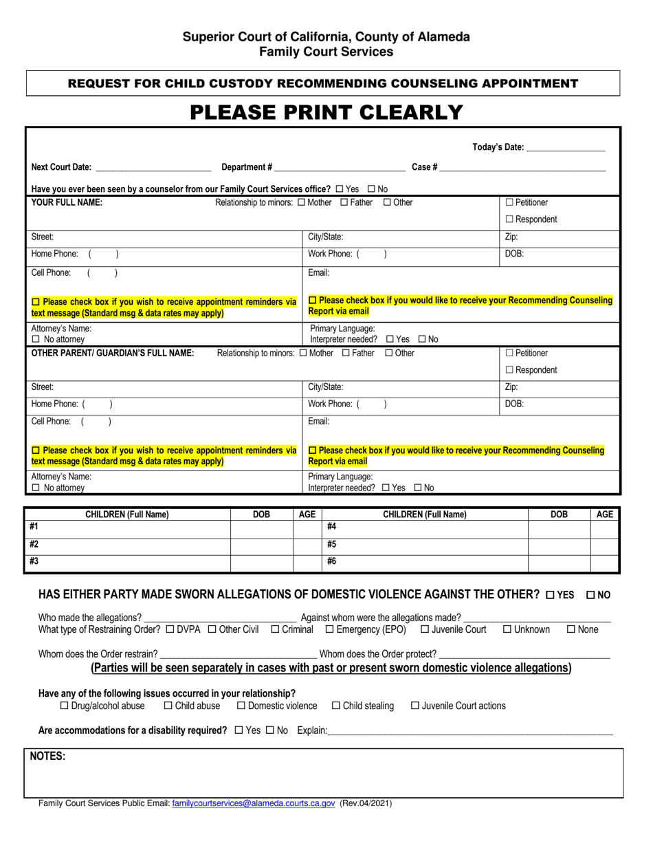 County of Alameda, California Request for Child Custody