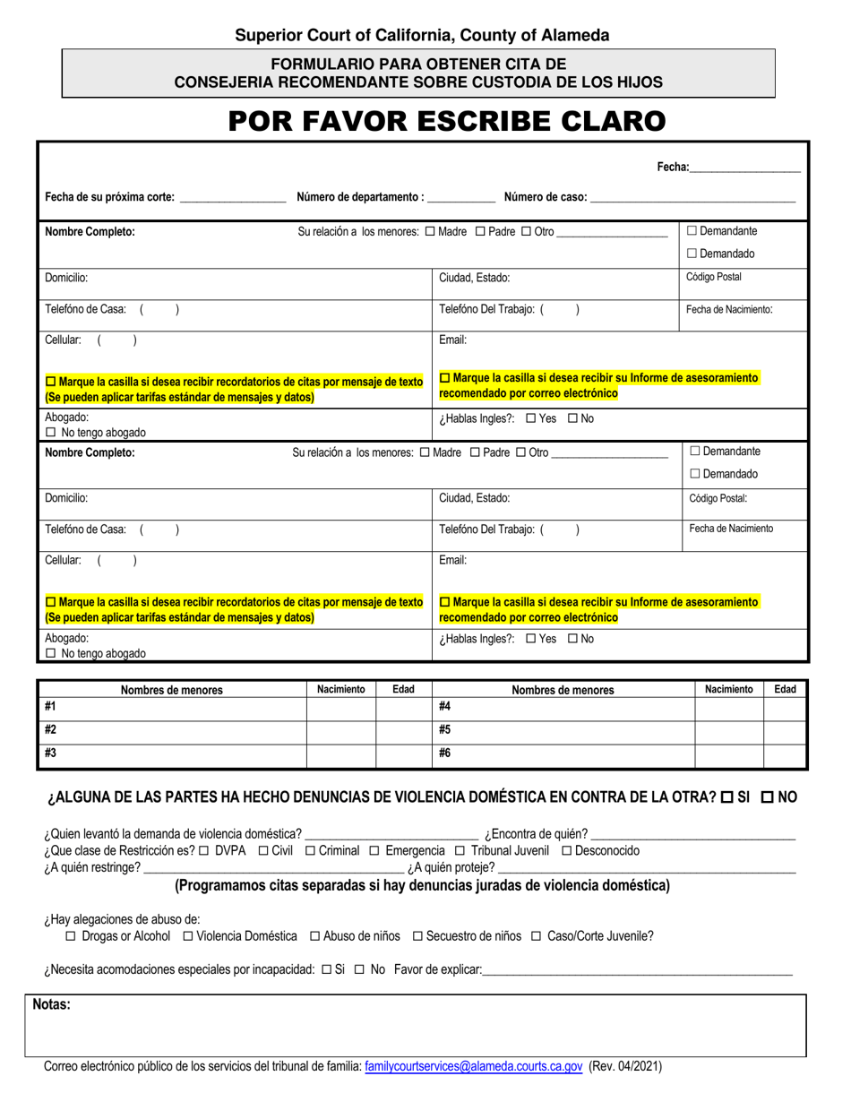 Formulario Para Obtener Cita De Consejeria Recomendante Sobre Custodia De Los Hijos - County of Alameda, California (Spanish), Page 1