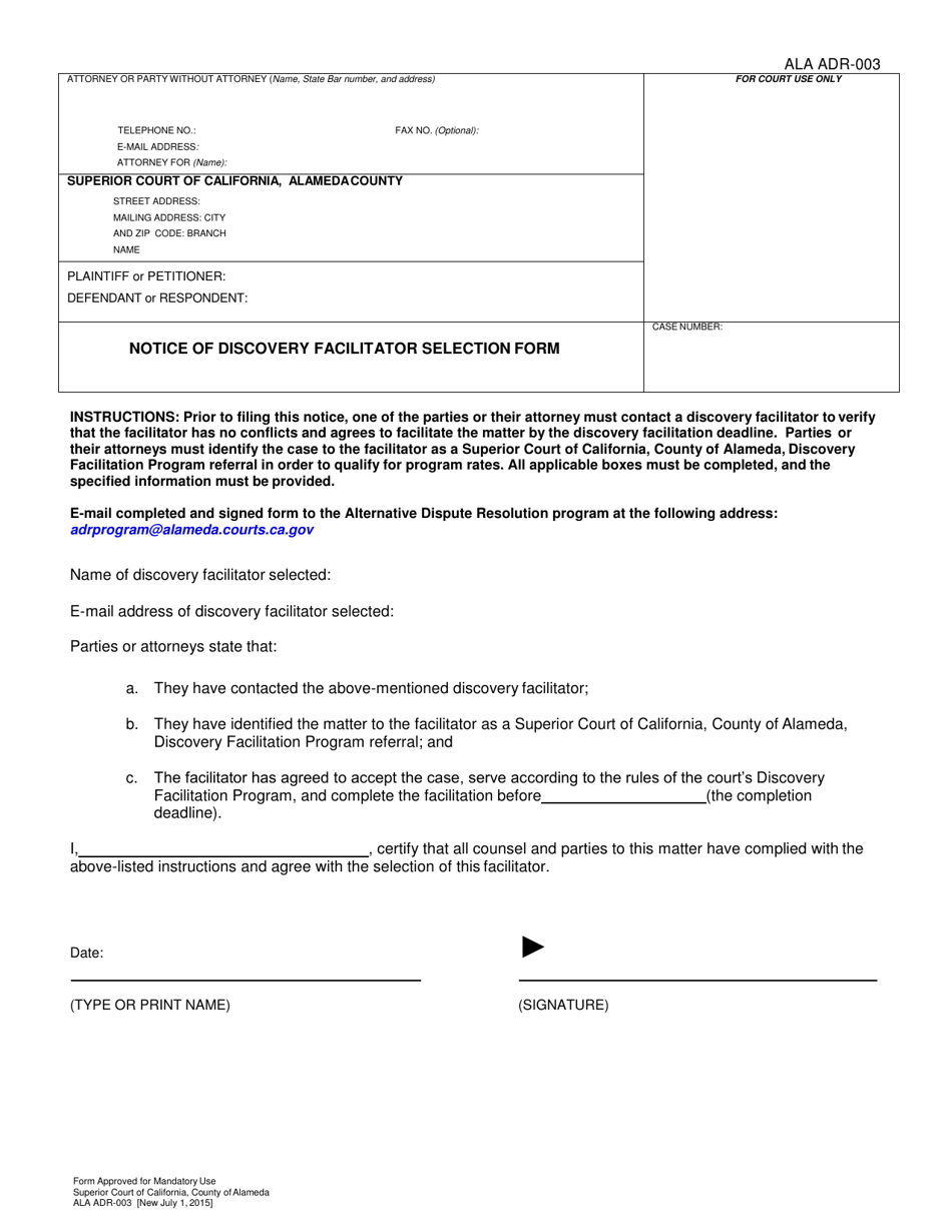 Form ALA ADR-003 Notice of Discovery Facilitator Selection Form - County of Alameda, California, Page 1
