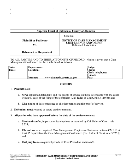 Form ALA CIV-100 Notice of Case Management Conference and Order - County of Alameda, California