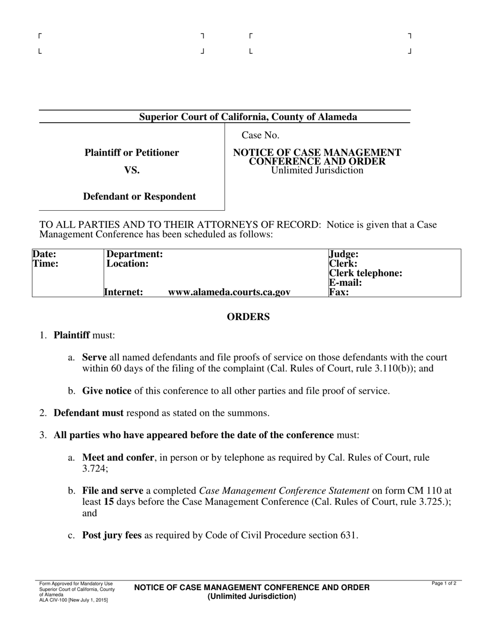 Form ALA CIV-100 Notice of Case Management Conference and Order - County of Alameda, California, Page 1
