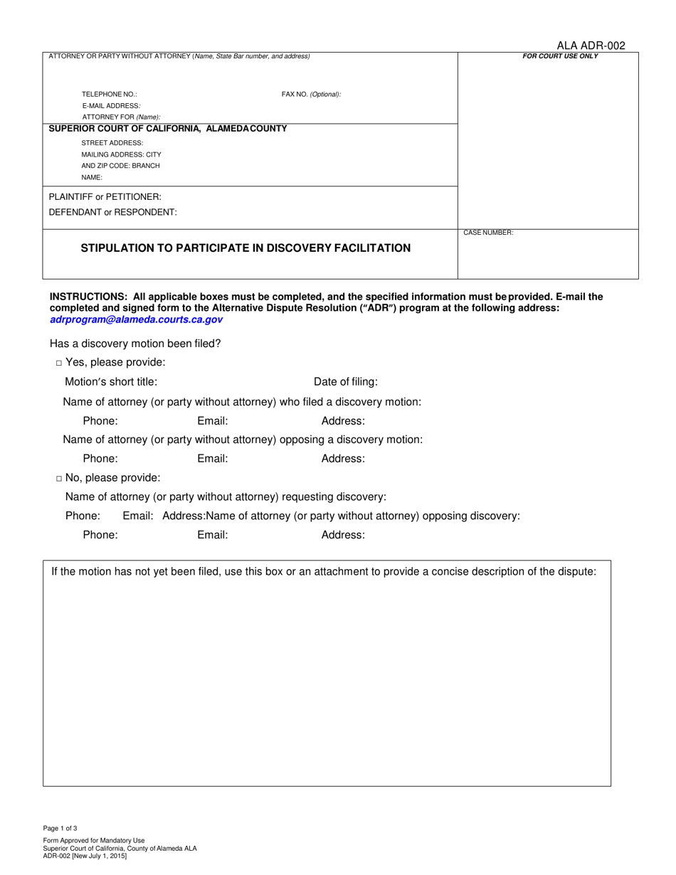 Form ALA ADR-002 Stipulation to Participate in Discovery Facilitation - County of Alameda, California, Page 1