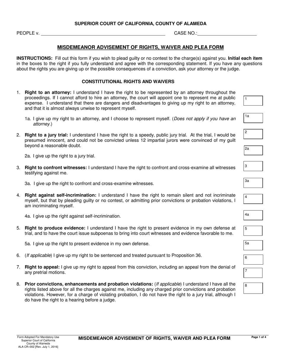 Form ALA CR-002 Misdemeanor Advisement of Rights, Waiver and Plea Form - County of Alameda, California, Page 1