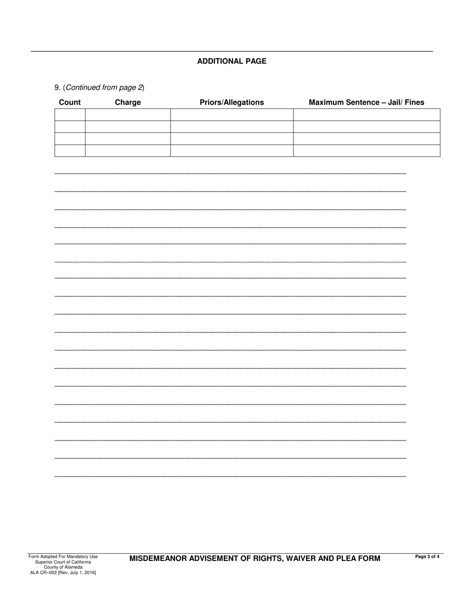 Form ALA CR-002 Misdemeanor Advisement of Rights, Waiver and Plea Form - County of Alameda, California, Page 3