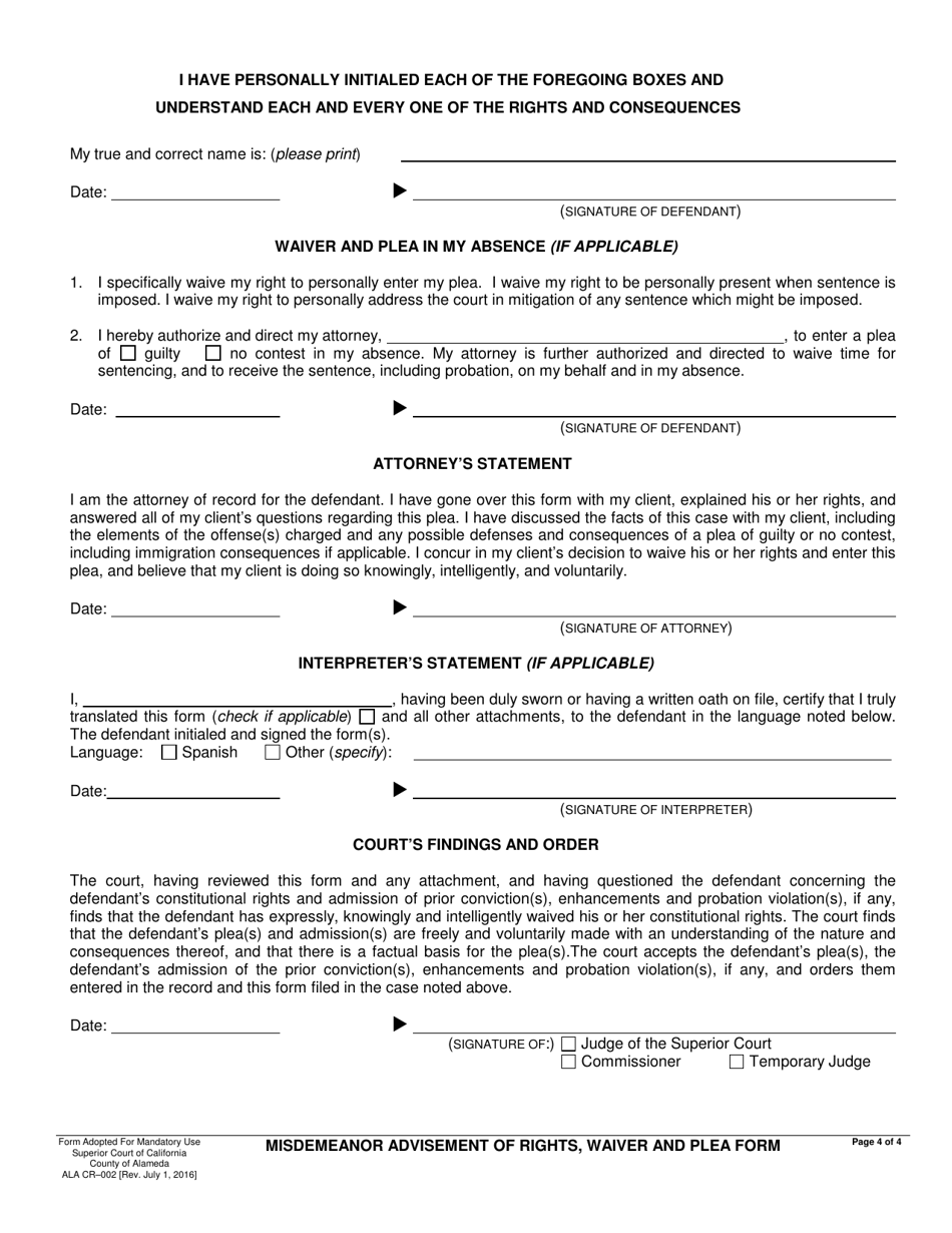 Form ALA CR-002 Misdemeanor Advisement of Rights, Waiver and Plea Form - County of Alameda, California, Page 4