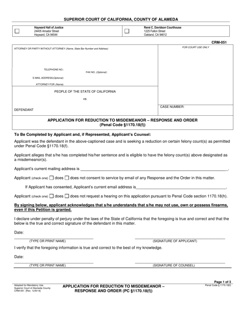 Form ALA CRM-051 Application for Reduction to Misdemeanor - Response and Order - County of Alameda, California