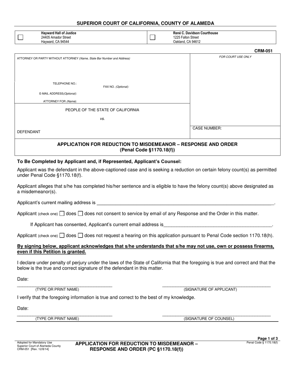 Form ALA CRM-051 Application for Reduction to Misdemeanor - Response and Order - County of Alameda, California, Page 1