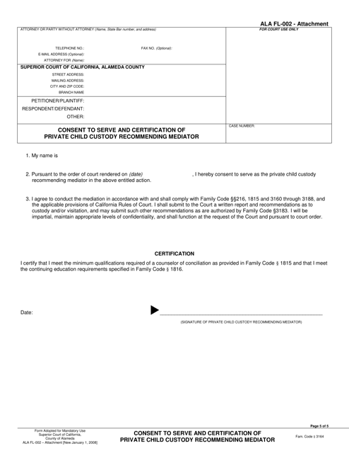 Form ALA FL-002 Consent to Serve and Certification of Private Child Custody Recommending Mediator - County of Alameda, California