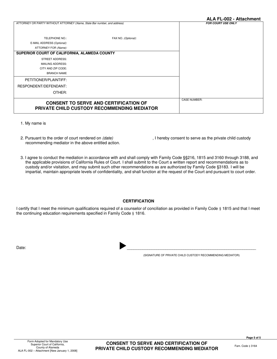 Form ALA FL-002 Consent to Serve and Certification of Private Child Custody Recommending Mediator - County of Alameda, California, Page 1