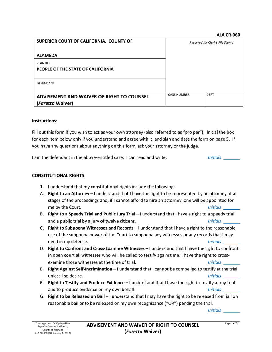 Form ALA CR-060 Advisement and Waiver of Right to Counsel (Faretta Waiver) - County of Alameda, California, Page 1