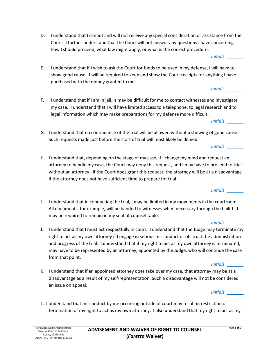 Form ALA CR-060 Advisement and Waiver of Right to Counsel (Faretta Waiver) - County of Alameda, California, Page 3