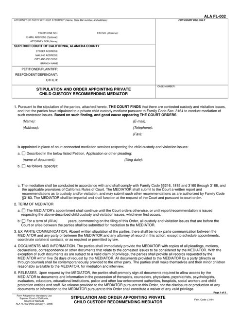 Form ALA FL-002 Stipulation and Order Appointing Private Child Custody Recommending Mediator - County of Alameda, California