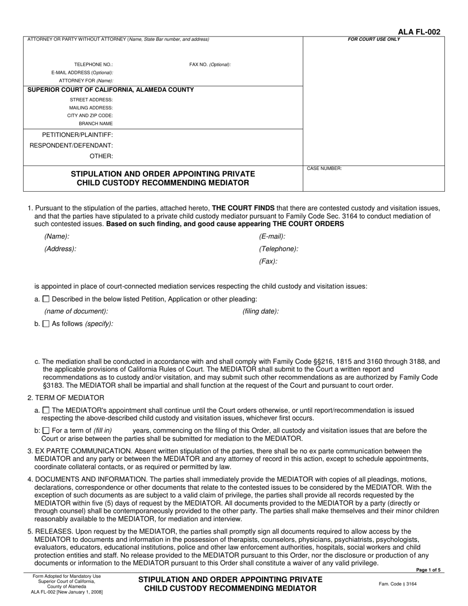 Form ALA FL-002 Stipulation and Order Appointing Private Child Custody Recommending Mediator - County of Alameda, California, Page 1
