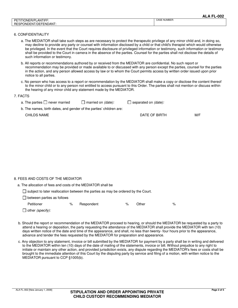 Form ALA FL-002 Stipulation and Order Appointing Private Child Custody Recommending Mediator - County of Alameda, California, Page 2