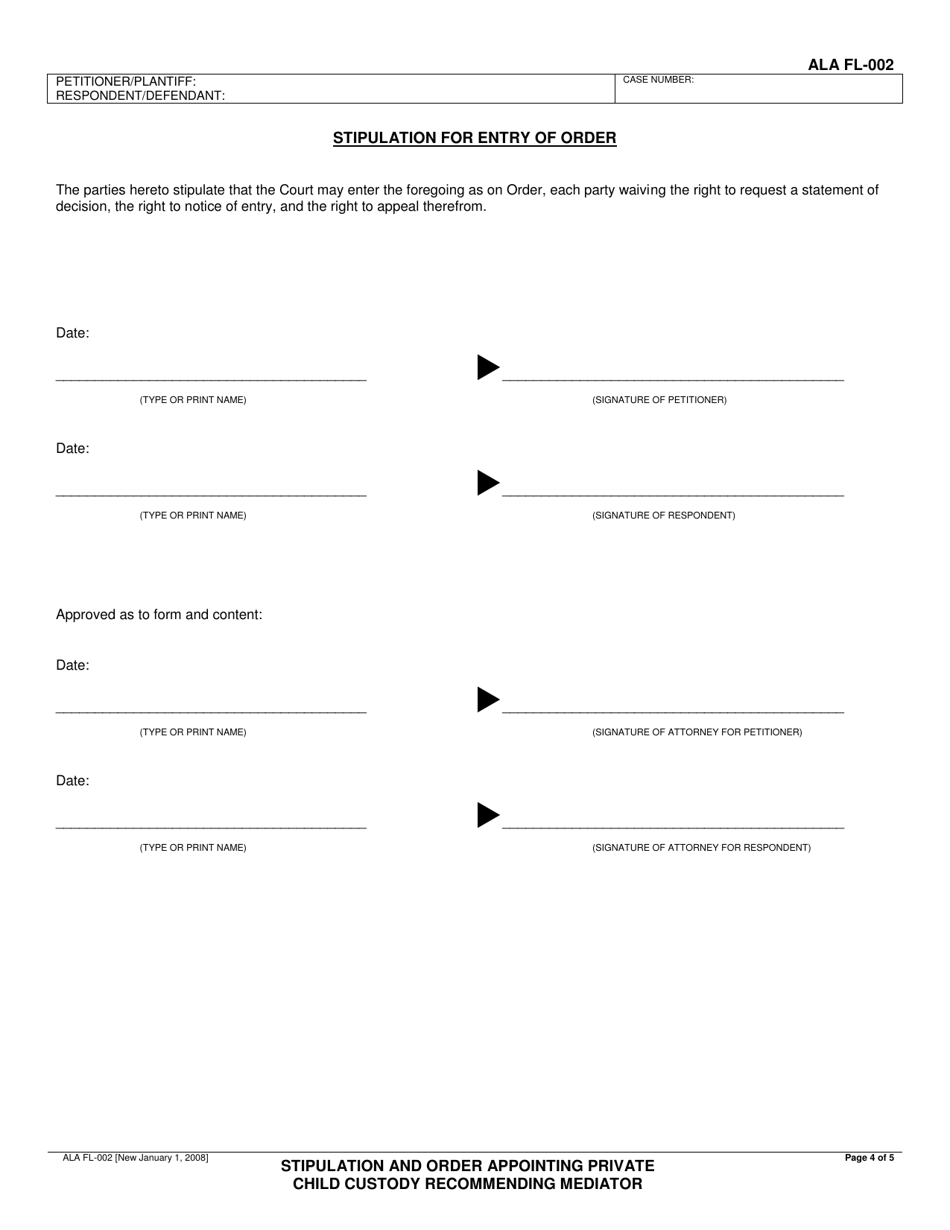 Form ALA FL-002 Stipulation and Order Appointing Private Child Custody Recommending Mediator - County of Alameda, California, Page 4