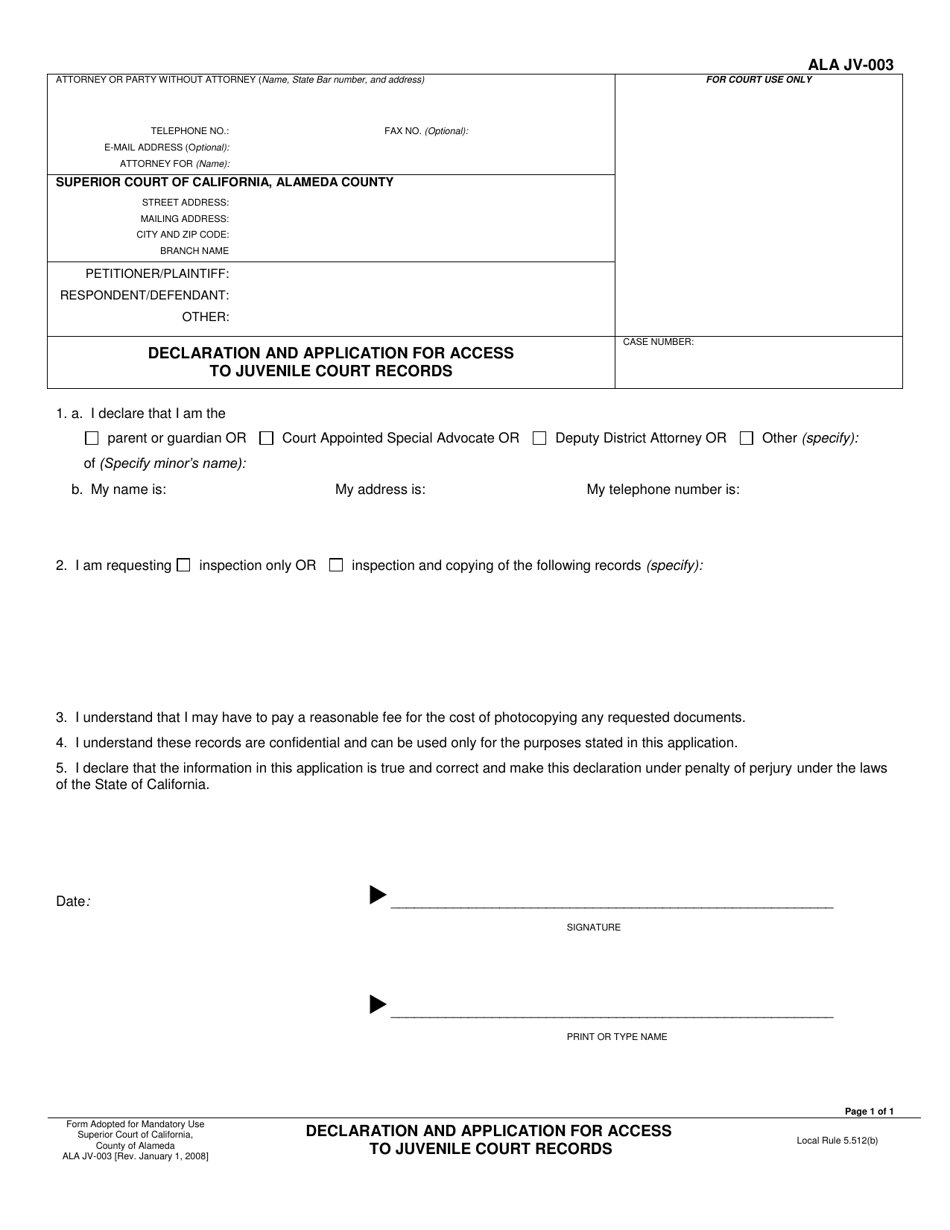 Form ALA JV-003 Declaration and Application for Access to Juvenile Court Records - County of Alameda, California, Page 1