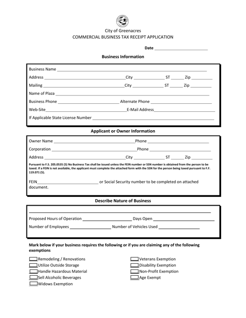 Commercial Business Tax Receipt Application - City of Greenacres, Florida Download Pdf