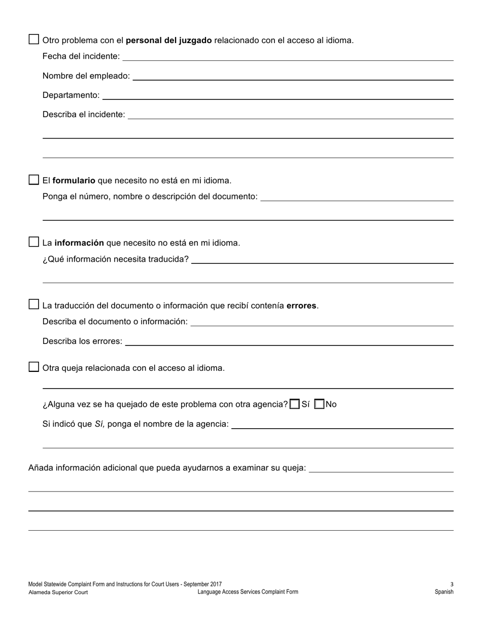 Formulario De Quejas De Servicios De Acceso Al Idioma - County of Alameda, California (Spanish), Page 3