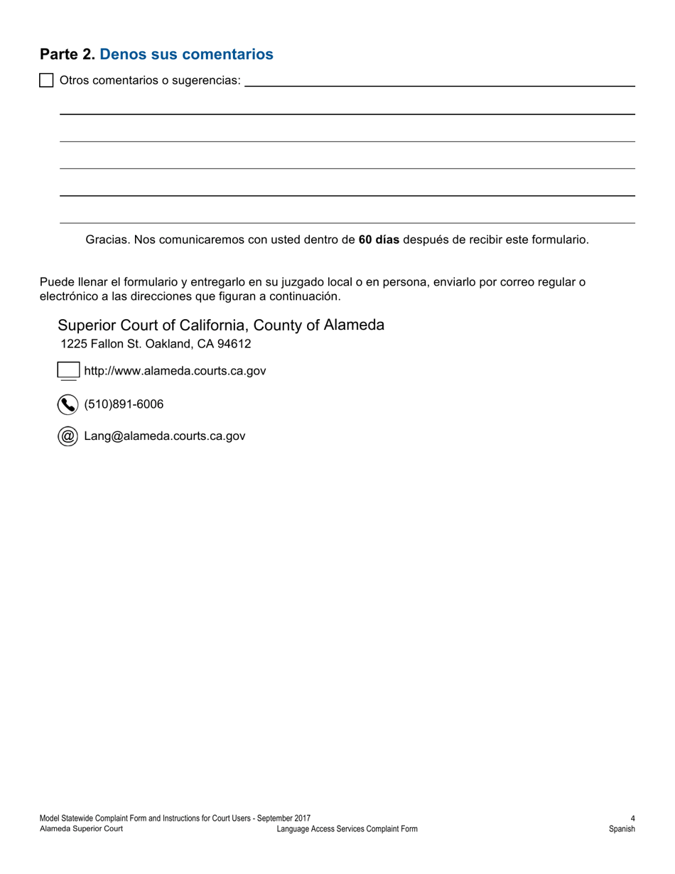 Formulario De Quejas De Servicios De Acceso Al Idioma - County of Alameda, California (Spanish), Page 4