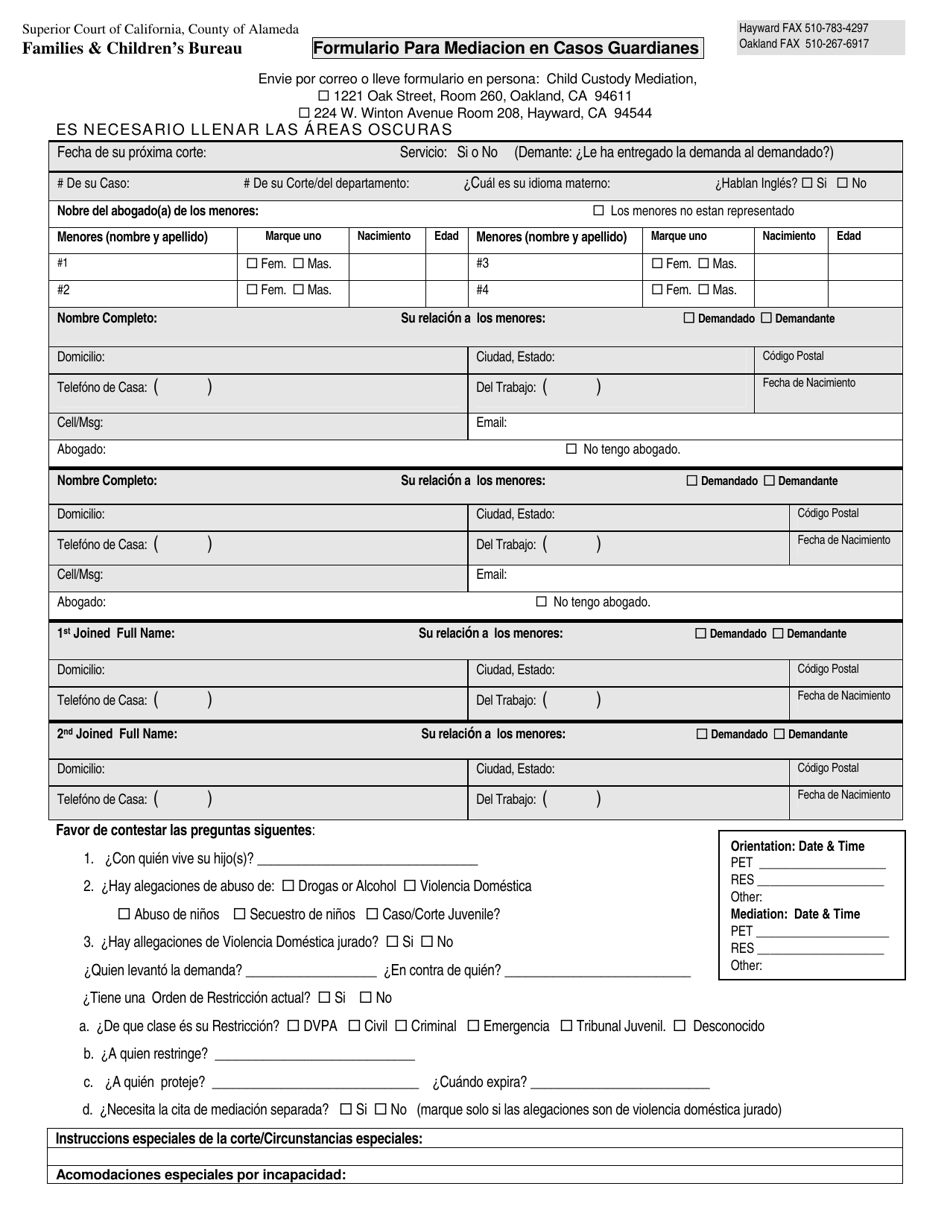 Formulario Para Mediacion En Casos Guardianes - County of Alameda, California (Spanish), Page 1